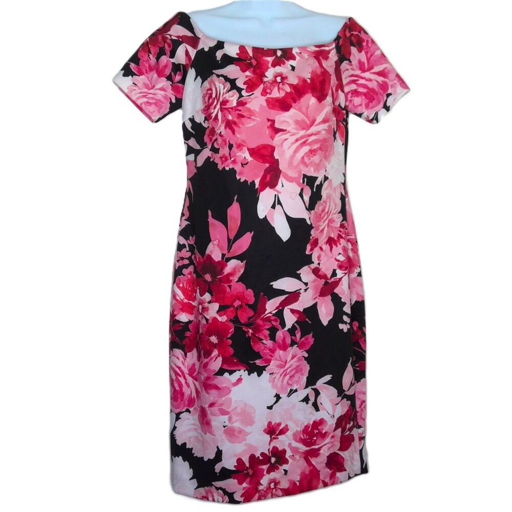 Calvin Klein Floral Dress Wide Scoop Neck Black Pink Red & White Stretch Sz 8